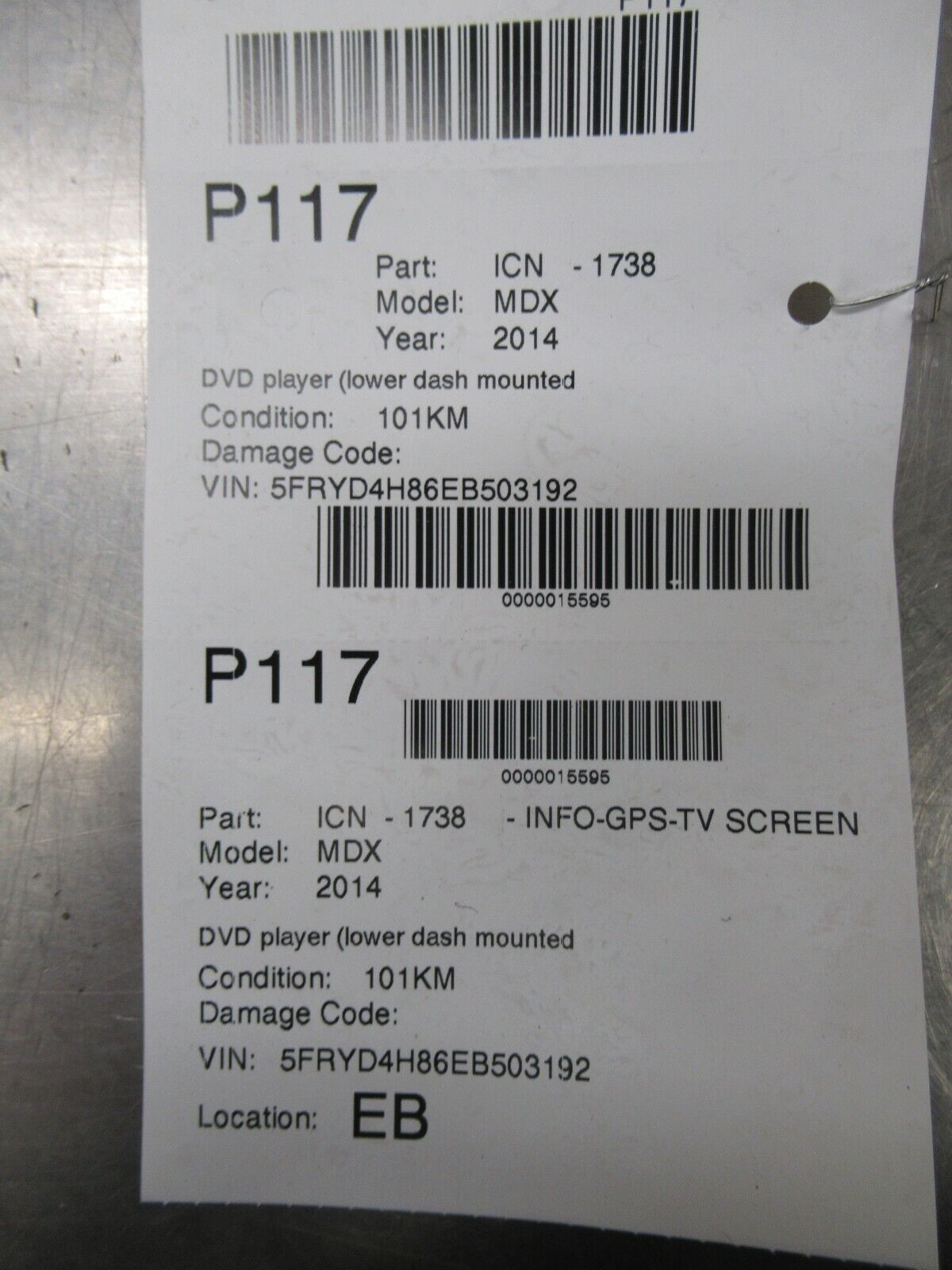 P117 2014 14 ACURA MDX DASH DASHBOARD DVD PLAYER RECEIVER PN 39110TZ5A01