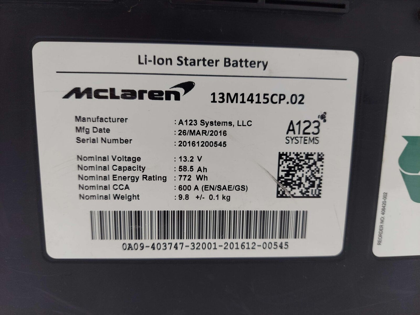 2016 Mclaren 570s Battery Li-ion Battery 13M1415CP.02 13M1415CP *Dented Case*