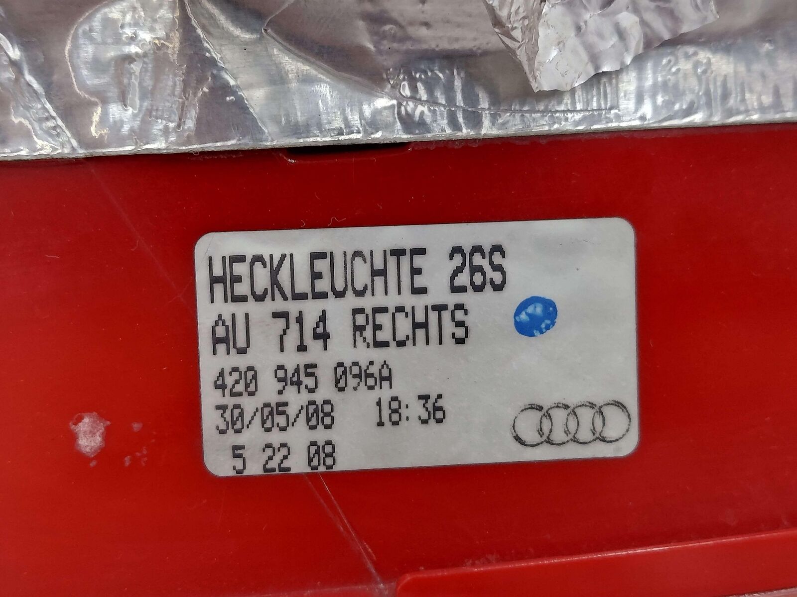 08-09 Audi R8 RH Right Tail Light Lamp 420945096A 54K KMS *Scratch*