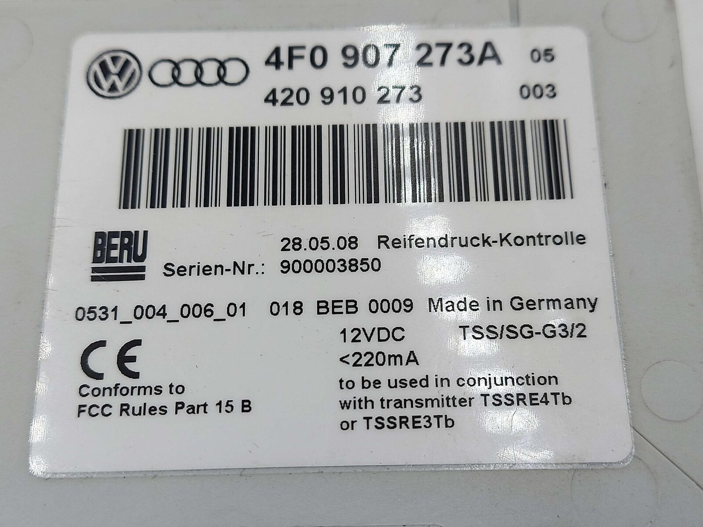2009 Audi R8 4.2L TPMS Tire Pressure Sensor Control Module 4F0907273A 420910273